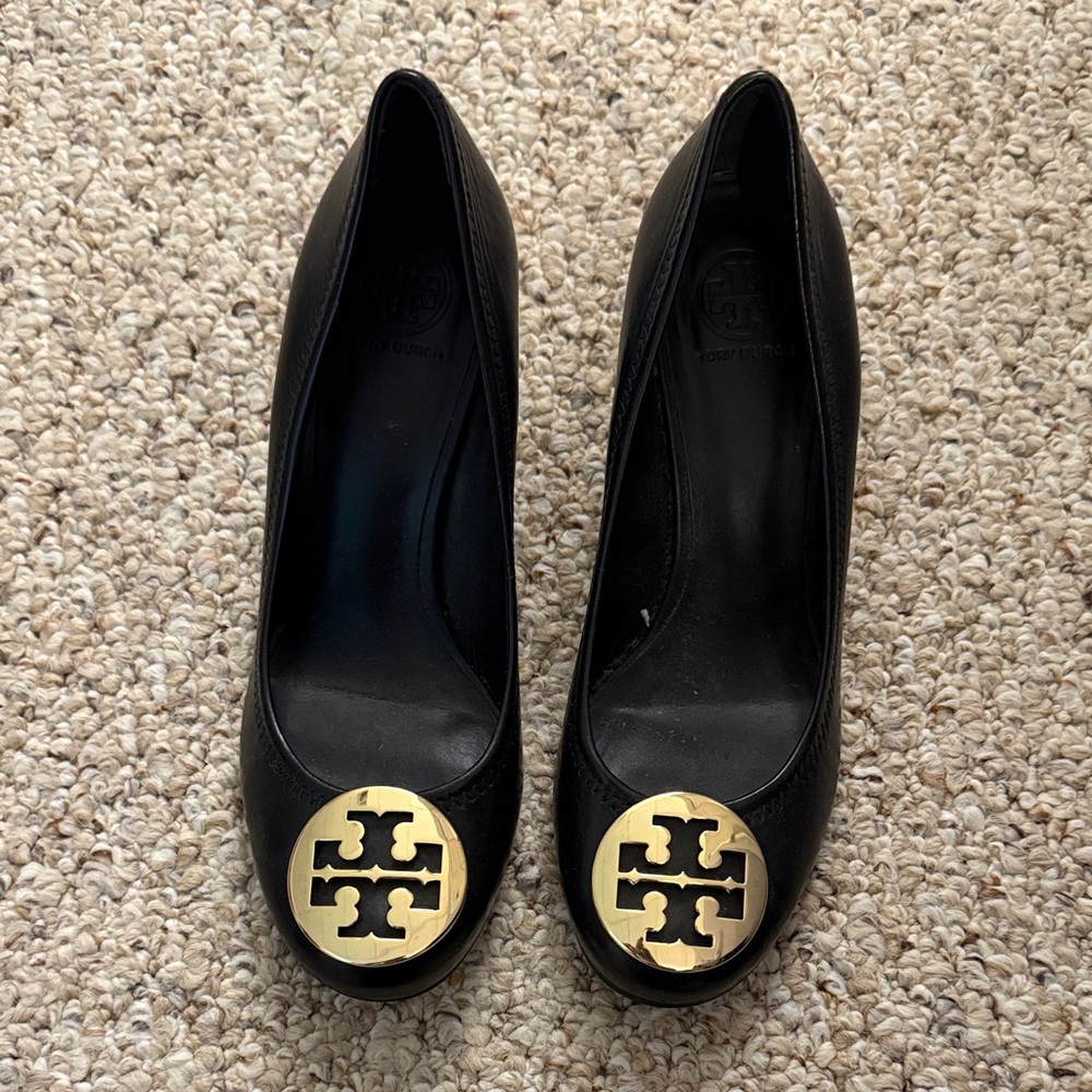 Tory Burch Black Heels with Gold Emblem